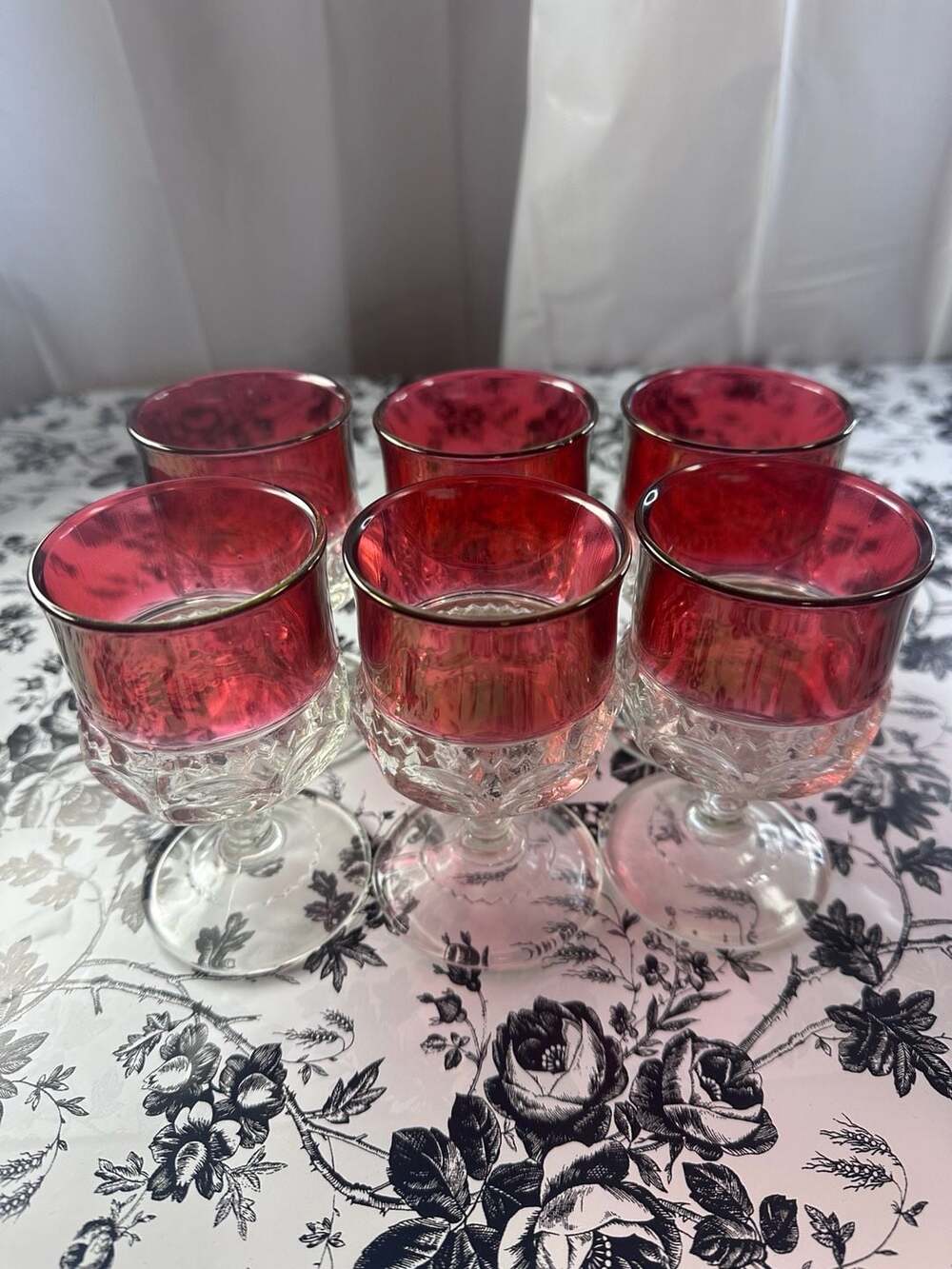 Vintage Set of 6 Indiana Glass Company King's Crown Ruby Flash Thumbprint Goblet